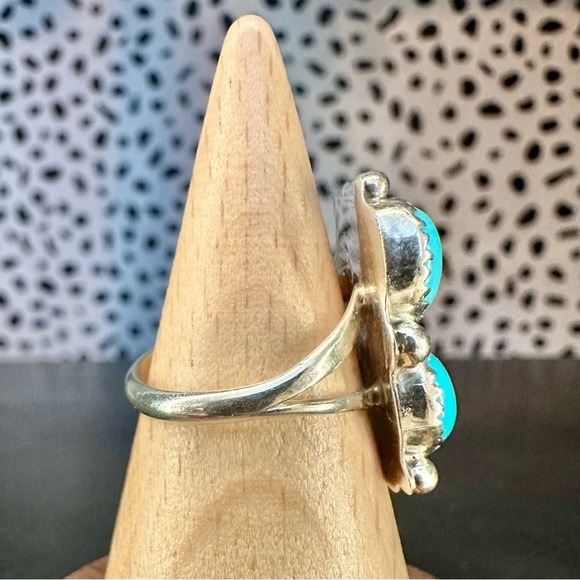 Sterling Silver Turquoise Two Stone Intricate Silver Work Leaves Southwestern - Picture 3 of 8